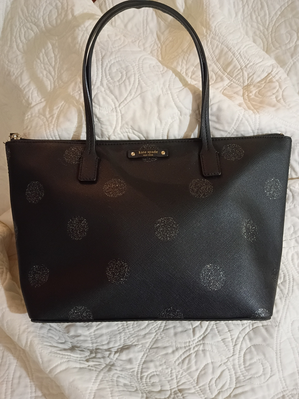 Kate Spade Black Glitter Dot Leather Tote Euc